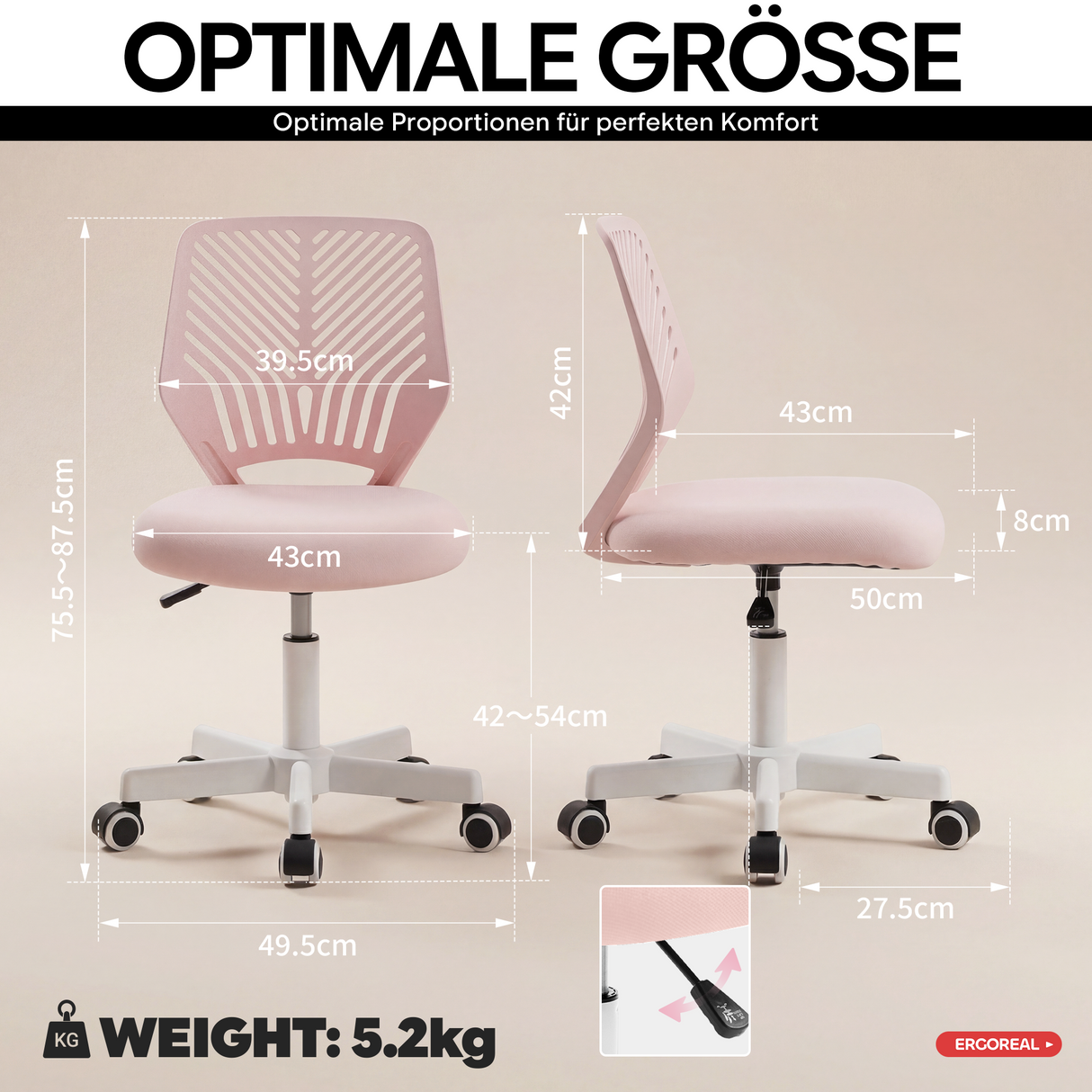 Ergoreal Lite オフィスチェア ER-25W0103-EU ピンク