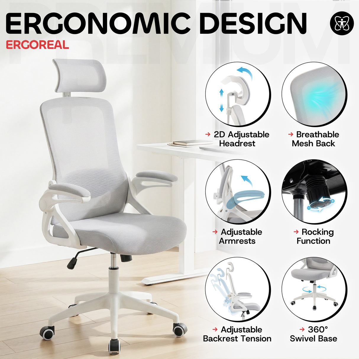 Ergoreal Ergo Pro エルゴノミックオフィスチェア ER-25W06-US グレー